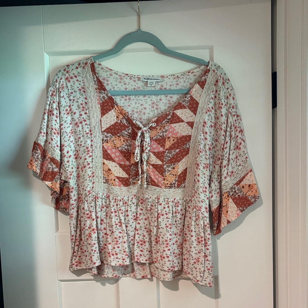 American Eagle Bohemian Floral Patchwork Top